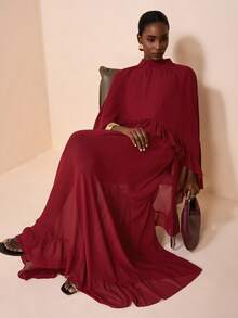 Zivah 新款春夏波西米亚度假风通勤酒红色雪纺荷叶边不规则下摆披肩上衣+宽松荷叶边吊带连衣裙两件套。适合约会、情人节、日常出行、旅行、度假、海滩、婚礼季、婚礼宾客着装、早午餐穿搭、机场穿搭。风格：西部风、游牧风、波西米亚风、通勤风。 - 酒紅色 - 查看 7