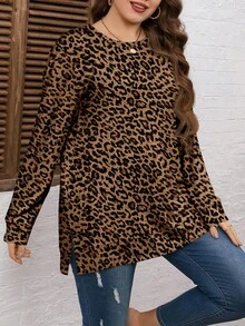 EMERY ROSE This Plus-Size Leopard Print Crew Neck Casual Long-Sleeved Sweatshirt Is Perfect For Thanksgiving, New Year's, Winter, And Parties. Cheetah Print - Brown - View 4
