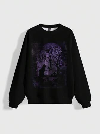 Goth Sudadera de mujer de cuello redondo de manga larga con estampado de gato gótico, bosque oscuro y misterioso, para otoño/invierno/primavera