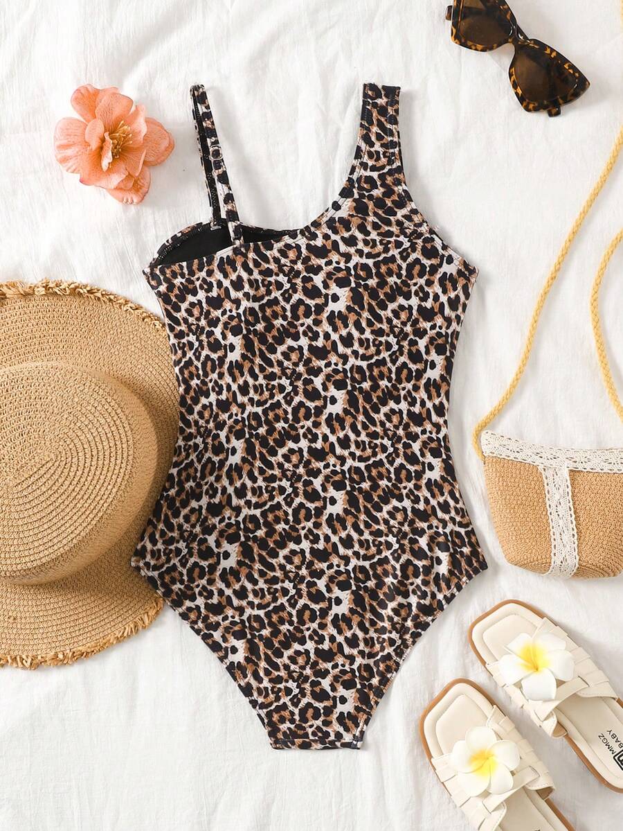 Tween Girl Leopard Print Off-Shoulder One-Piece Swimsuit, Cute Hollow Out Holiday One-Piece Swimsuit, Beach Vacation, Surfing - Multicolor - View 1