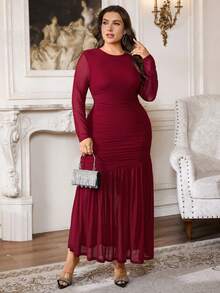 Firerie Đầm lưới cổ tròn tay dài cỡ lớn dành cho nữ, đầm thường ngày mùa thu. Phù hợp làm trang phục mùa thu, trang phục trở lại trường, trang phục giáo viên - Đỏ - Xem 5