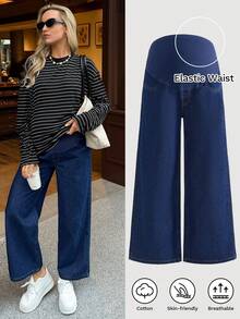 SHEIN Maternity High Waist Casual Versatile Wide Leg Jeans Blue Comfortable Maternity Dark Blue Denim Jeans Elastic High Waist Loose Fit Wide Leg Trousers For Pregnant Women Winter Spring Christmas New Year Thanksgiving Commuting Vacation Graduation Chic Y2k Cute Streetwear Party Wedding Elegant Business Casual Woman High Waist Wide Leg Pants Commuting & Versatile Elegant & Simple - Blue - View 6