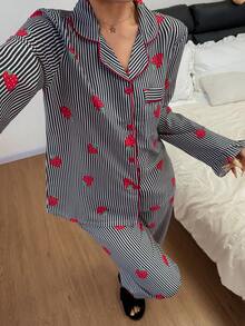 SHEIN 荷叶边条纹草莓花边开衫女士睡衣套装 - 黑色 - 查看 6