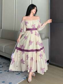 DAZY 女士优雅撞色蕾丝花卉中长连衣裙，夏季度假连衣裙 - 紫色 - 查看 3