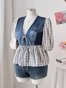 Sweetra Áo sơ mi kẻ caro Colorblock dễ thương, thường ngày, buộc dây phía trước cỡ lớn - Màu xanh lam - Xem 8