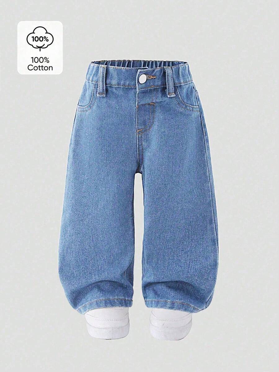SHEIN 女婴新款休闲时尚直筒水洗牛仔裤 - 中等水洗藍 - 查看 1
