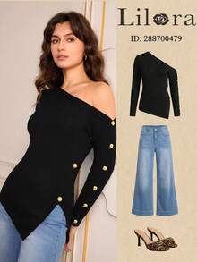 Lilora Sweater Pullover Wanita Slim Fit dengan Bahu Asimetris Seksi Terbaru, Musim Gugur/Dingin - Hitam - View 3