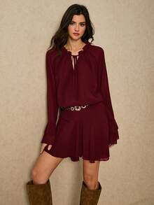 Poéselle 女士纯色系带领优雅长袖迷你连衣裙 - 酒紅色 - 查看 8