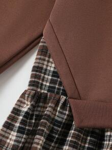 SHEIN Emery Rose Kids 少女撞色长袖休闲连衣裙，可作校服或卫衣裙，适合秋冬季穿着 - 棕色 - 查看 8