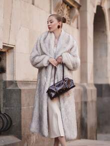 ORNATELLA Women's Faux Fur Collar Fluffy Faux Fur Jacket, Dual-Tone, Autumn/Winter - Grey - View 1