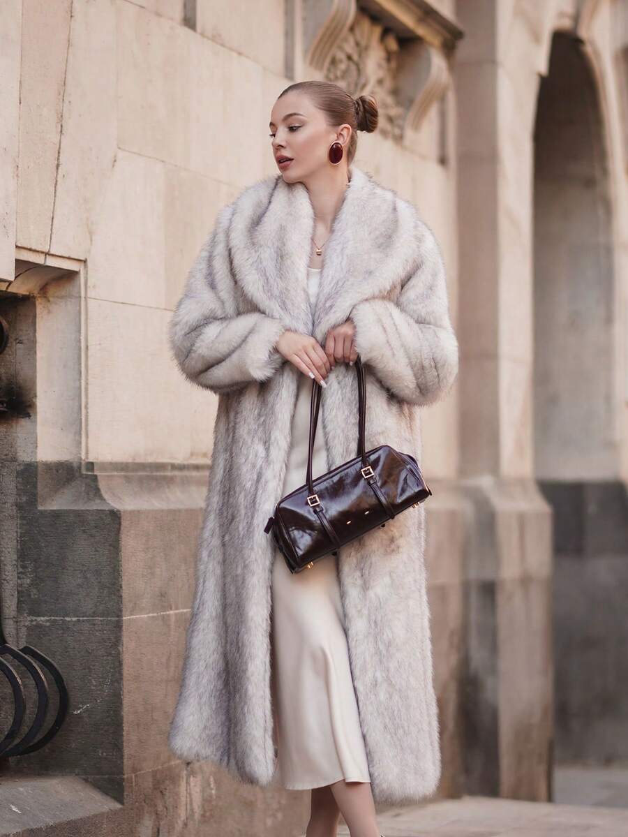 ORNATELLA Women's Faux Fur Collar Fluffy Faux Fur Jacket, Dual-Tone, Autumn/Winter - Grey - View 1
