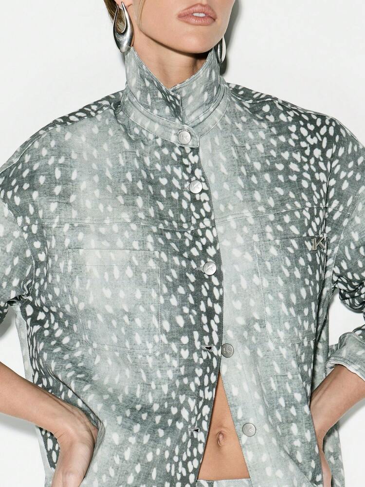 KIZN Oversized Printed Denim Button Down Shirt