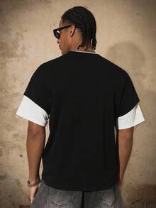 PAVTROS Áo thun nam tay ngắn phối màu, kiểu dáng rộng rãi, thoải mái, phong cách bạn trai, mùa hè, kỳ nghỉ, Y2K, retro, bạn bè, áo thun cổ tròn tay ngắn phối màu đen trắng 2 trong 1. - Đen và trắng - Xem 2