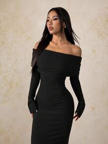 SHEIN PETITE 女士纯色露肩长袖休闲长裙，派对女士服装，新年女士连衣裙，圣诞节女士服装，黑色露肩连衣裙，罗纹连衣裙，女士绷带连衣裙，长款紧身连衣裙，黑色性感连衣裙 - 黑色 - 查看 6