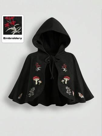 Fairycore ملابس علوية بونشو ذات قبعة مطرزة بطبعة فطر داكن للنساء كبيرات الحجم، إطلالة غامضة وساحرة