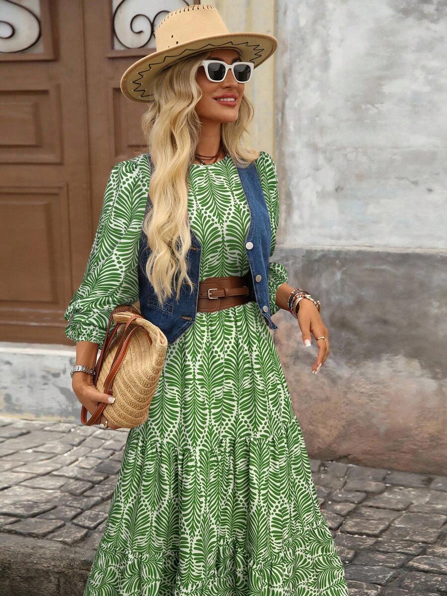 Brillora Váy chữ A cổ tròn in họa tiết phong cách Bohemian dành cho nữ, thích hợp cho các buổi đi chơi và nghỉ dưỡng, mùa Thu/Đông - màu xanh lá - Xem 1