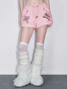 ROMWE Y2K Gothic Cross Embroidered Fuzzy Women Shorts, Halloween - Pink - View 5