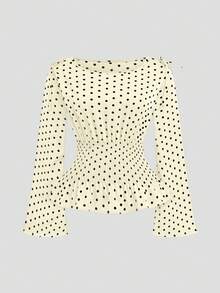 SHEIN Sweetro 加大码黑白波点长袖修身衬衫，肩部饰有蝴蝶结，休闲日常穿着 - 杏色 - 查看 1