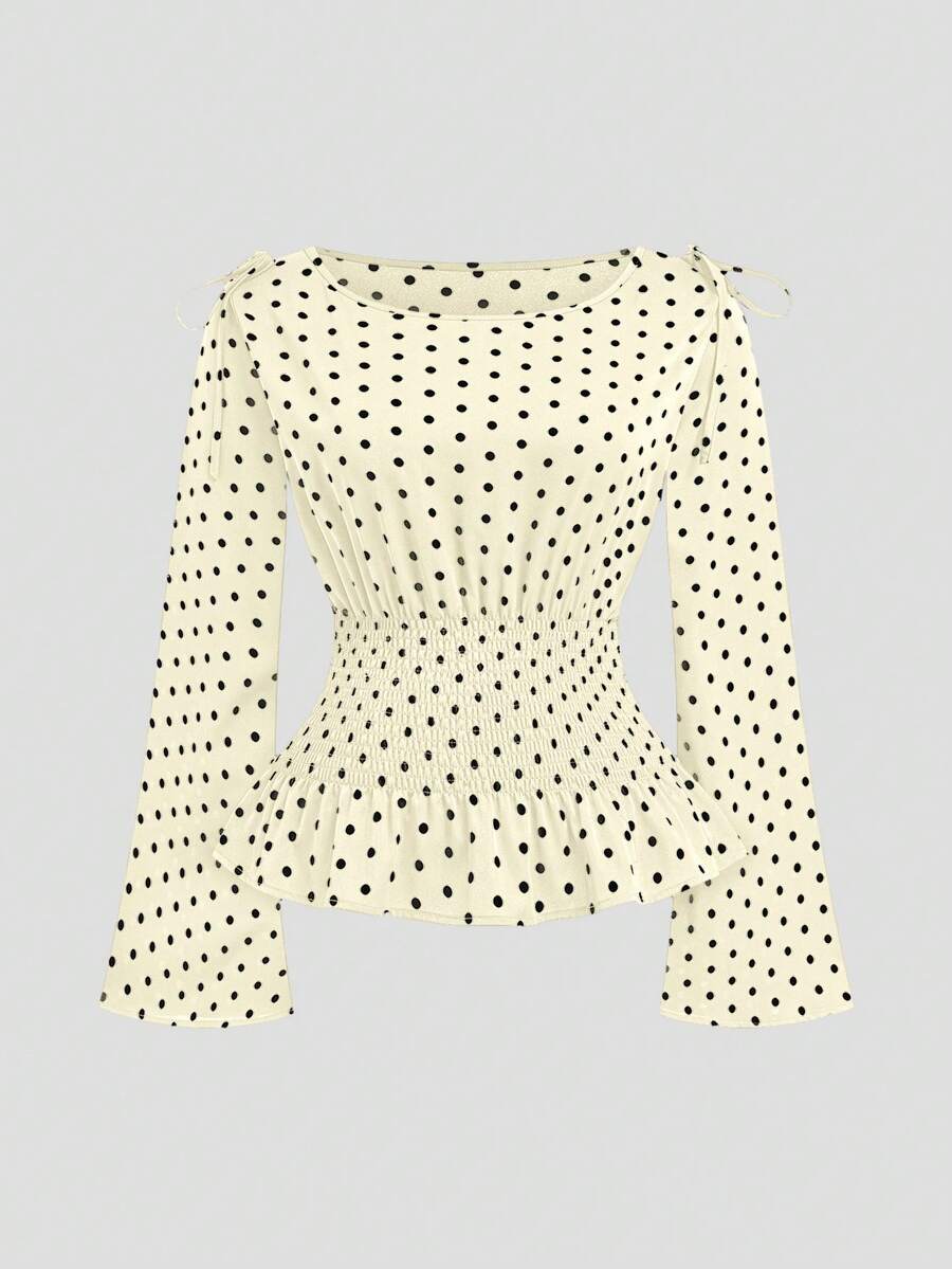 SHEIN Sweetro 加大码黑白波点长袖修身衬衫，肩部饰有蝴蝶结，休闲日常穿着 - 杏色 - 查看 1