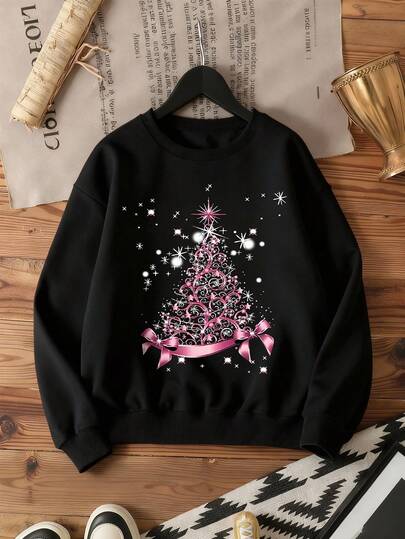 EMERY ROSE Women Casual Christmas Tree & Bow Decor Oversized Loose Black Sweatshirt,Long Sleeve Tops Pullover Fall