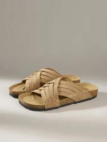 Solecia Women's Casual Versatile Commuting Criss-Cross Strap Flat Slippers - Khaki - View 2