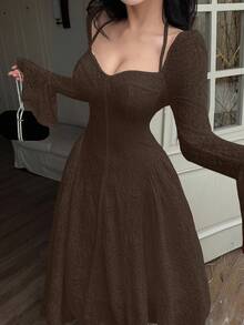 Feyla Women's Solid Color Minimalist Long Sleeve Midi Dress, Casual Everyday Wear - Coffee Brown - View 5