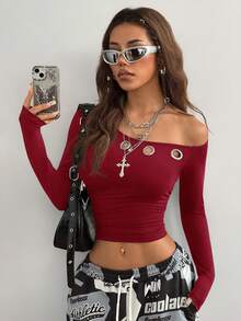 Coolane 女童秋冬日常穿搭必备针织弹力舒适不对称领长袖上衣 - 酒紅色 - 查看 2