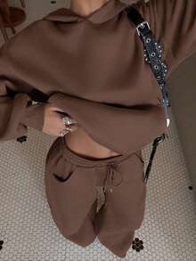 SHEIN EZwear Women's Autumn/Winter Thermal Lined Hoodie And Relaxed Fit Sweatpants Set Modest Two Piece Set Two Piece Lounge Set Brown Set Women Brown Two Piece Lounge Set Comfortable Two Piece Set - Brown - View 4