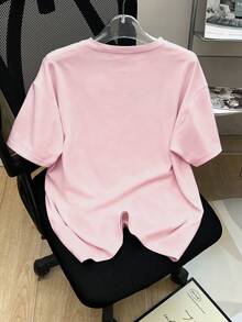 Resyla "Dreaming "Embroidery Crew Neck Casual Short Sleeve T-Shirt,Women's Pink Top - Baby Pink - View 2