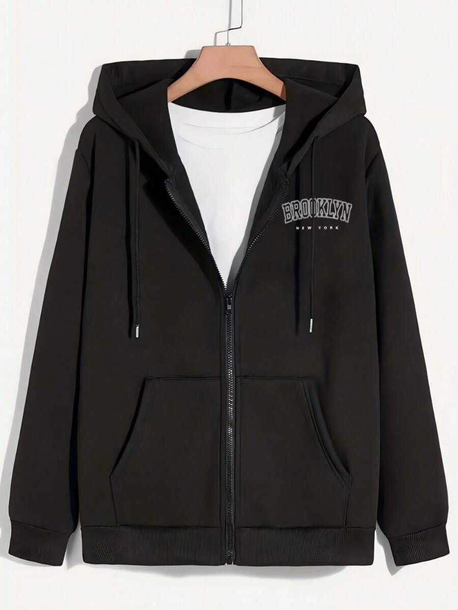 Hombre005 Nueva chaqueta con cremallera, sudadera con capucha diseño trendy, cómoda y duradera, opción preferida para regalos, prenda masculina versátil, envío desde México Gorro capucha chaqueta de cremallera negra con estampado "BROOKLYN NEW YORK",perfecta para el estilo casual y cómoda, con bolsillos y cordones ajustables - Negro - Ver 1