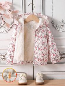 SHEIN Playful Pals Baby Girls Autumn/Winter New Casual Cute Ditsy Floral Pink Flower Warm Jacket Thick Outerwear Hooded Jacket Hooded Coat Thermal Lined Jacket - Pink - View 1