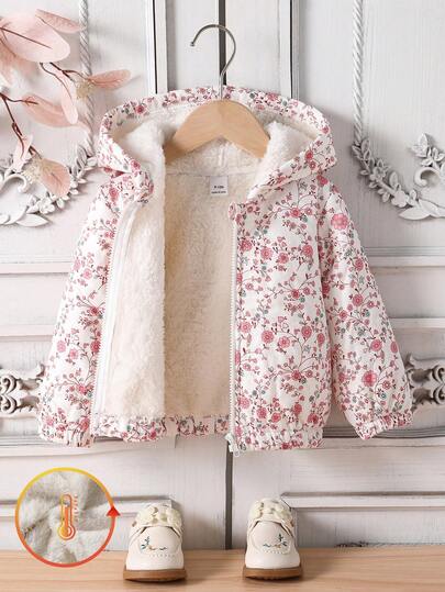 SHEIN Playful Pals Baby Girls Autumn/Winter New Casual Cute Ditsy Floral Pink Flower Warm Jacket Thick Outerwear Hooded Jacket Hooded Coat Thermal Lined Jacket