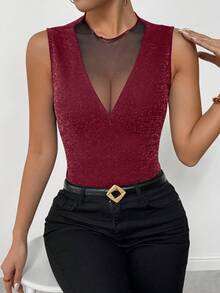 Rafferiza Débardeur moulant en maille brillante et patchwork pour femmes, élégant pour les fêtes en hiver - Rouge foncé - Voir 6