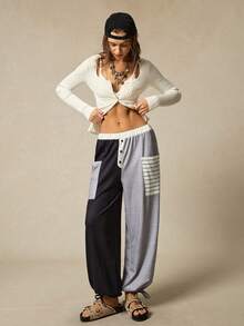 SoleilVie 新款女士休闲裤：撞色拼接，条纹纽扣设计，舒适亲肤面料+多元素拼接，打造休闲慵懒的街头风尚。 - 彩色 - 查看 5