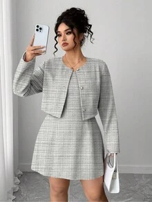 Elenzga Plus Size Women's Minimalist Short Cardigan And Minimalist Knit Dress Two Pieces Set, Elegant Luxurious Vacation Business Casual - Grey - View 5