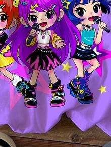 SHEIN 青少年女孩休闲简约可爱动漫卡通 K-POP 图案 T 恤，紫色，短袖圆领 T 恤，适合夏季清凉服装系列，异想天开，基本款，春夏亮色，休闲舒适，女孩风格 - 彩色 - 查看 7