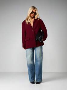 MISSGUIDED Sacou dublu de culoare vișinie, croială dreptunghiulară, supradimensionat, cu guler cu rever și detalii cu nasturi, pentru toamnă și iarnă, stil business, profesional, casual, la birou