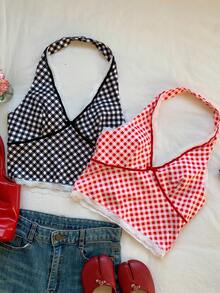 Comfortcana Women's Red And White Plaid Halter Neck Top,Summer Cottage Core Vacation Beach Casual Plaid Print Tops,Fashionable Christmas New Year Party Top - Multicolor - View 7