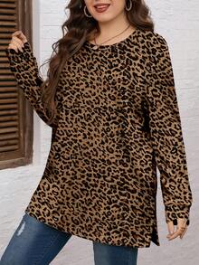 EMERY ROSE This Plus-Size Leopard Print Crew Neck Casual Long-Sleeved Sweatshirt Is Perfect For Thanksgiving, New Year's, Winter, And Parties. Cheetah Print - Brown - View 5