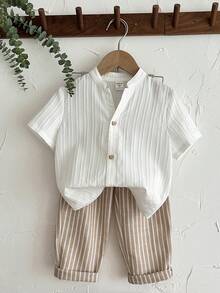 LMoss Kids Bộ 2 áo sơ mi dệt trơn màu thường ngày và quần sọc cho bé trai - Nhiều màu - Xem 3