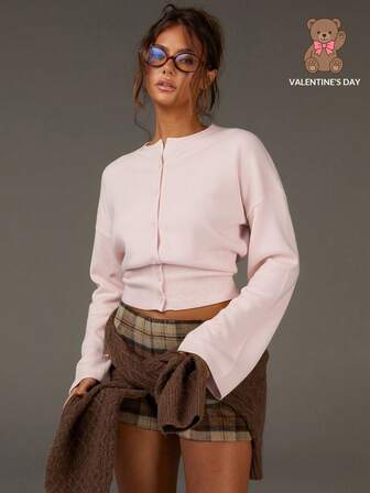 Athîral Enfärgad minimalistisk, avslappnad långärmad kofta för kvinnor