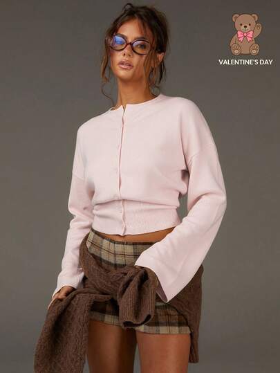 Athîral Enfärgad minimalistisk, avslappnad långärmad kofta för kvinnor