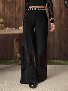 LanaWest Women's Western Party Black Knit Contrast Lace Wide Leg Pants, Suitable For Daily Wear - Black - View 5