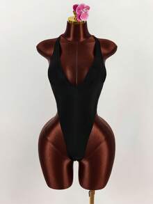 Amplova Women's Sexy Deep V-Neck Backless Contrast Color One-Piece Swimsuit, Chic High Cut Halter Neck Premium Swimwear For Summer Vacation - Multicolor - View 8