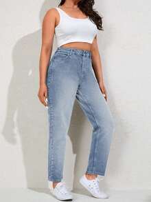 100%Cotton Plus High Waist Mom Fit Jeans - Light Wash - View 3