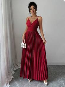 Elenzga Đầm dài hở lưng, dây mảnh, tối giản, màu trơn dành cho nữ - Màu Đỏ Sâu - Xem 3
