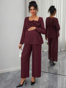 Momance Bộ đồ bầu 2 món: Áo dài tay xếp ly dáng chữ A họa tiết hoa 3D, quần ống đứng cạp chun rút - Màu Tím - Xem 5