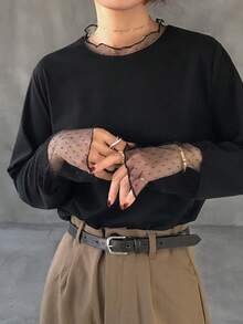 FRIFUL 纯色拼接薄纱波点网眼宽松休闲百搭T恤