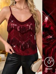 SHEIN Clasi Damski aksamitny top na ramiączkach typu spaghetti, luźny, z frędzlami, elegancki i seksowny na imprezę, Nowy Rok, Boże Narodzenie, czerwony top z cekinami i błyszczącym czerwonym topem - Burgund - Zobacz 1