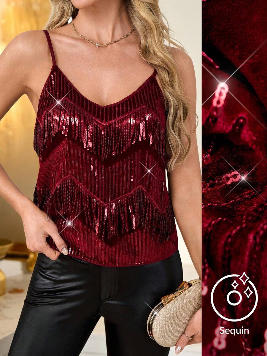 SHEIN Clasi Damski aksamitny top na ramiączkach typu spaghetti, luźny, z frędzlami, elegancki i seksowny na imprezę, Nowy Rok, Boże Narodzenie, czerwony top z cekinami i błyszczącym czerwonym topem - Burgund - Zobacz 1